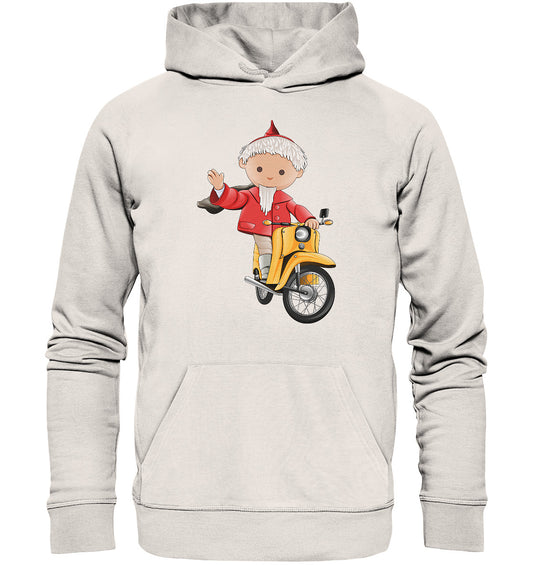 PREMIUM ORGANIC HOODIE UNISEX • UNSER SANDMÄNNCHEN - AUF DER SCHWALBE - ROT (PU-137, 1973)